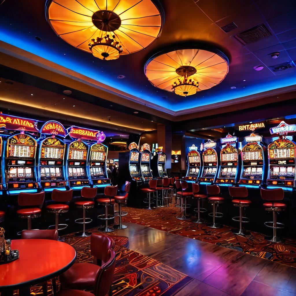 An exciting nightlife scene at Batavia Downs featuring vibrant casino lights, joyful couples enjoying games, and a lively atmosphere filled with laughter and entertainment. Include a backdrop of colorful slot machines and elegant dining areas with people sipping cocktails, all illuminated by neon lights. The image should evoke a sense of thrill, love, and fun. super-realistic. vibrant colors.