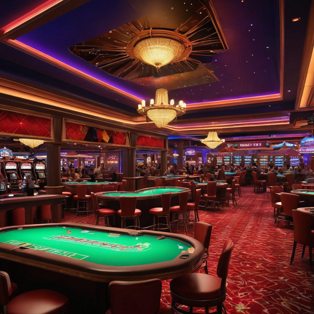 A bustling casino scene in Batavia at night, featuring vibrant neon lights, excited players at poker and blackjack tables, and a lively bar area with friends toasting drinks. Include a backdrop of private event spaces with elegant decor and people mingling. Capture the essence of nightlife with a touch of glamour and thrill. super-realistic. vibrant colors. 3D.